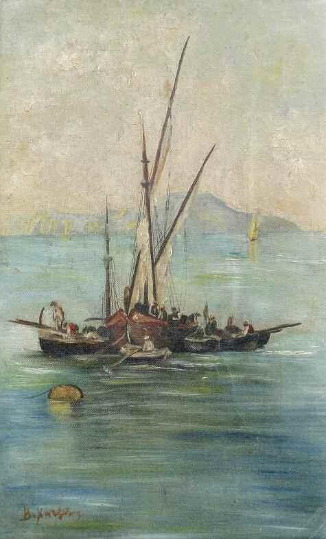 800 CHATZIS Vassilios (1870-1915) Fishing boats in the dawn Signed oil on canvas laid on board 45
