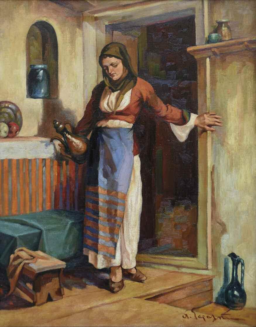 16. ΓΕΡΑΛΗΣ Απόστολος (1886-1983) Γυναίκα με κανάτι Λάδι σε καμβά 76 60 εκ υπγρμ κ.δ GERALIS Apostolos (1886-1983) Woman with a jug Signed oil on canvas 76 60 cm 2.000-2.