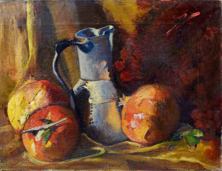 δ 400-500 POTAMIANOS Charalambos (1909-1958) Still Life with pomegranates and a jug Signed oil on