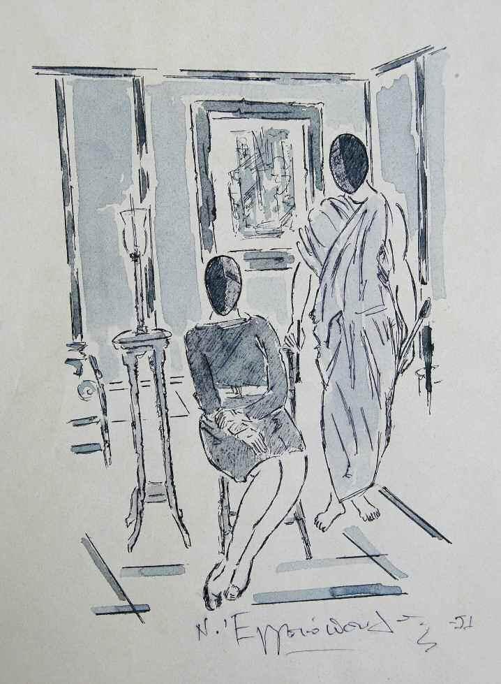 *56. ΕΓΓΟΝΟΠΟΥΛΟΣ Νίκος (1910-1985) Ο Ζωγράφος και η Μούσα του 1951 Σινική μελάνι & ακουαρέλα σε 39 26 εκ χαρτί υπγρμ & χρνλγμ κ.