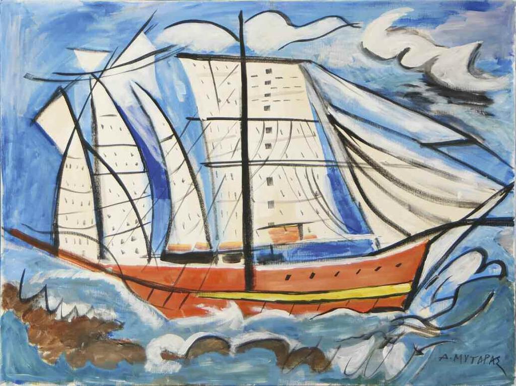 *90. ΜΥΤΑΡΑΣ Δημήτρης (1934-2017) Κόκκινο καράβι Ακρυλικό σε καμβά 60 80 εκ υπγρμ κ.δ 2.000-2.