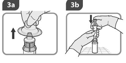 Βήμα 3 3α 3β 3γ Αφαιρέστε τη θήκη του προσαρμογέα από τον προσαρμογέα φιαλιδίου και απορρίψτε τη. Βιδώστε τη σύριγγα στον προσαρμογέα φιαλιδίου.