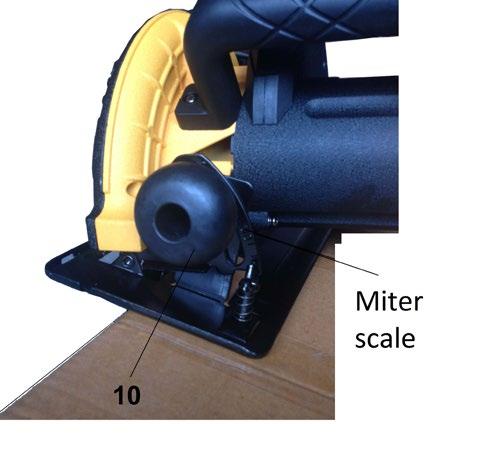 Angle adjustment (Fig. 6) 1. Loosen the Lock knob for angle adjustment (9). 2. Adjust the shoe to the desired angle between 0 to 45. [See miter scale (8)]. 3.