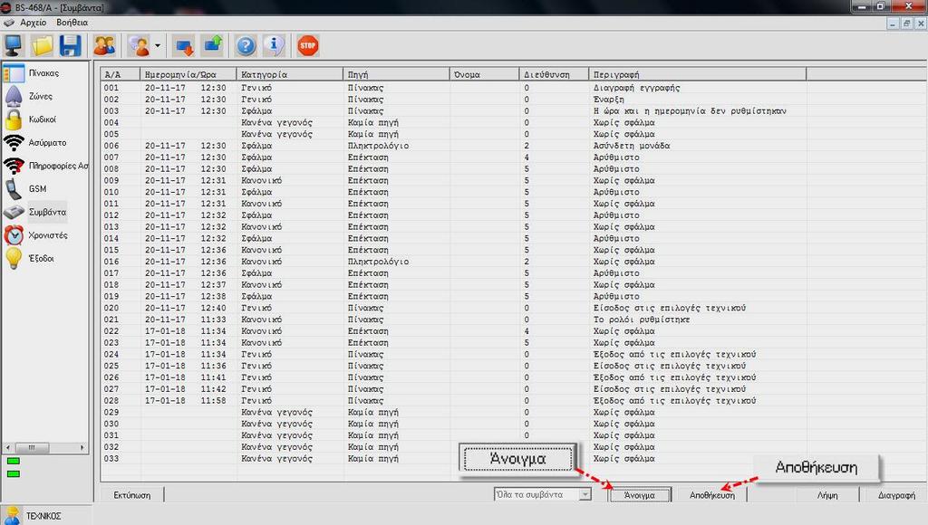 Οι στήλες που εμφανίζονται είναι: - Α/Α: Ο αριθμός του γεγονότος - Ημερομηνία και ώρα του συμβάντος. - Κατηγορία: Μπορεί να είναι συναγερμός, σφάλμα, γενικό, κανονικό, παράκαμψη, προειδοποίηση κ.α. - Πηγή: Από πού προήλθε το γεγονός μπορεί να είναι πίνακας, πληκτρολόγιο, ζώνη, GSΜ, κωδικός, έξοδος κ.