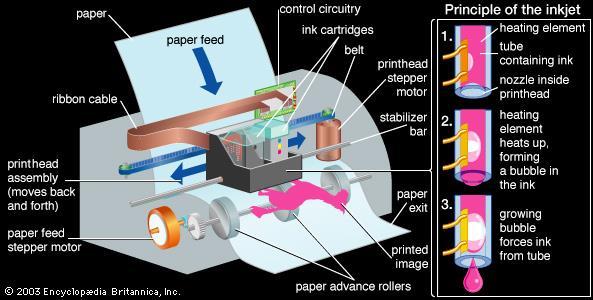 Εκτυπωτές Λειτουργία εκτυπωτή Inkjet Στον εκτυπωτή εκτόξευσης μελάνης (inkjet) η κεφαλή εκτύπωσης μετακινείται δεξιά αριστερά από το ένα άκρο της σελίδας στο άλλο, εκτοξεύοντας