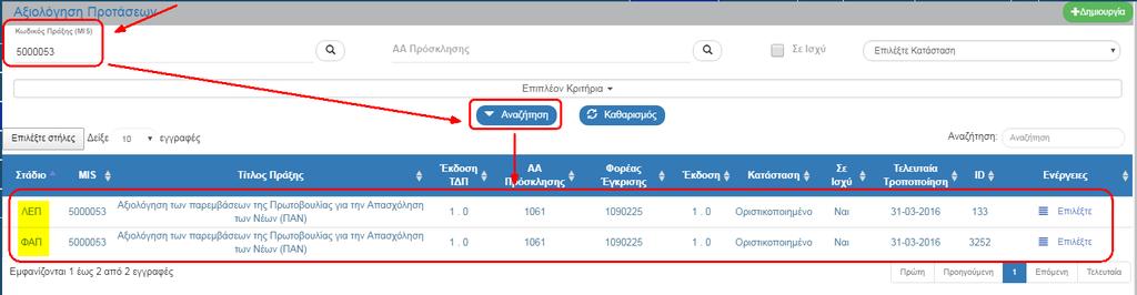 5. Τα «επιπλέον» κριτήρια αναζήτησης εμφανίζονται με την επιλογή «Επιπλέον Κριτήρια» και είναι τα παρακάτω: Τίτλος: Αλφαριθμητικό πεδίο Έκδοση: Αριθμητικό πεδίο Φορέας Έγκρισης: Αριθμητικό πεδίο