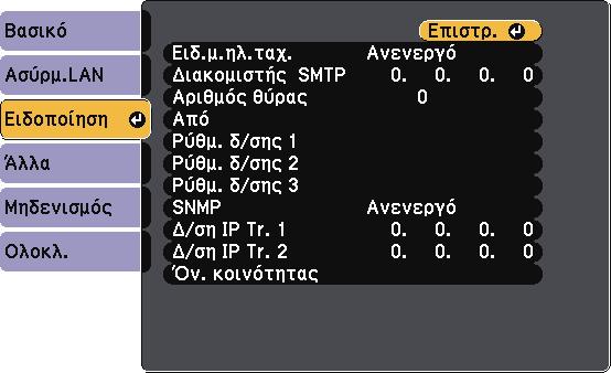 Ρυθµίσεις δικτύου βιντεοπροβολέα - Μενού ίκτυο 123 s ίκτυο > ιαµόρφ. δικτύου > Ειδοποίηση Ρύθµιση Επιλογές Περιγραφή Ειδ.µ.ηλ.ταχ.