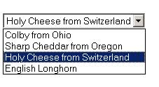 Λίστα μενού / Παράδειγμα περιοχής κειμένου <SELECT name="cheeses"> <OPTION value="colby"> Colby from Ohio</OPTION> <OPTION value="sharp"> Sharp Cheddar from Oregon</OPTION> <OPTION value="swiss"