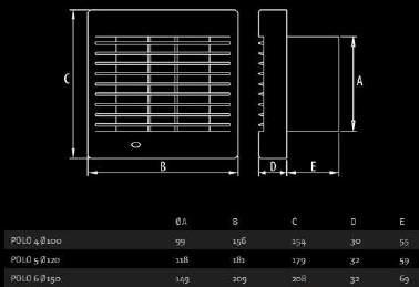 Εξαερισμός Ventilation Σειρά POLO με αυτόματες περσίδες - σειρά : POLO - τοποθέτηση : σε τοίχο / οροφή - υλικό κατασκευής : ABS - Χρώμα : λευκό - θερμοκρασία λειτουργίας : + 40 0 C - τάση : 230V 50Hz