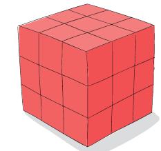 3ο Πρόβλημα Ο κύβος του διπλανού σχήματος είναι βαμμένος μόνον εξωτερικά. Να μετρήσεις πόσες κυβικές μονάδες του είναι βαμμένες μόνον σε: α. μία έδρα τους, β. δύο έδρες τους, γ. τρεις έδρες τους.