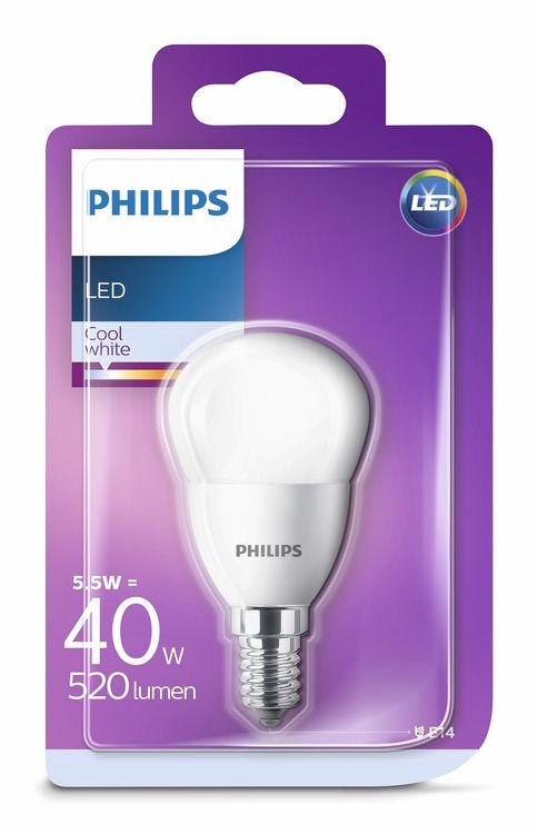 PHILIPS LED Luster 5,5 W (40 W) E14 Ψυχρό λευκό Χωρίς ρύθμιση έντασης Φως που είναι ευχάριστο για τα μάτια σας Η κακή ποιότητα φωτός μπορεί να προκαλέσει