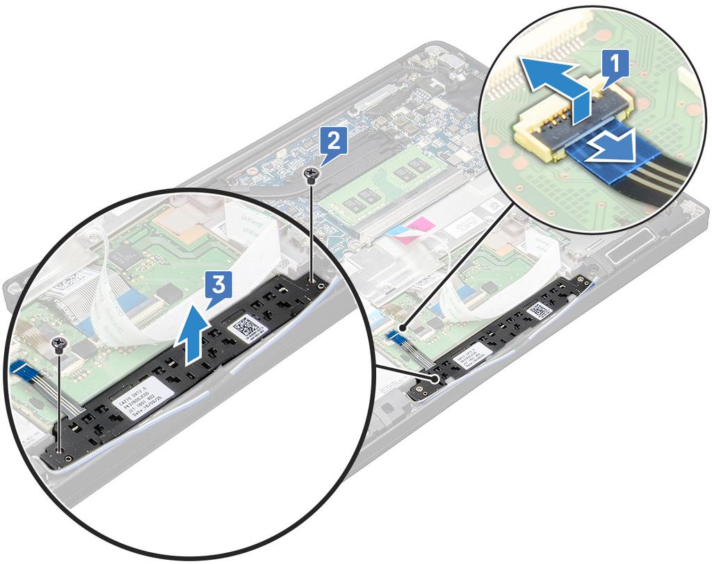 Εγκατάσταση της πλακέτας κουμπιών του touchpad 1 Τοποθετήστε την πλακέτα κουμπιών του touchpad στην υποδοχή, για να ευθυγραμμίσετε τις γλωττίδες με τις εγκοπές στον υπολογιστή.