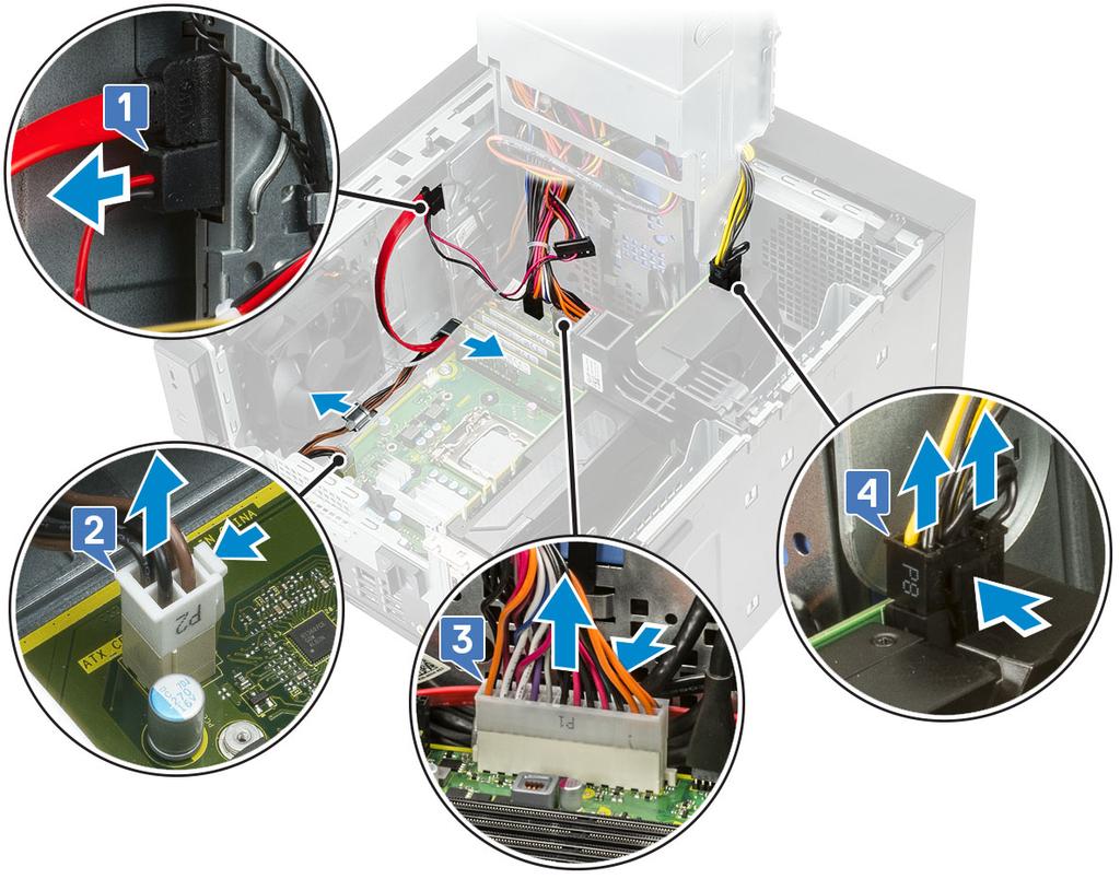 4 Κλείστε τον μεντεσέ της PSU. 5 Για να αφαιρέσετε τη μονάδα του τροφοδοτικού (PSU): a Αποσυνδέστε το καλώδιο τροφοδοσίας του σκληρού δίσκου [1].