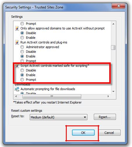 Στοιχεία ελέγχου ActiveX που χαρακτηρίζονται ως ασφαλή για εκτέλεση Ενεργοποίηση (Script ActiveX controls marked safe for scripting* = Enable).