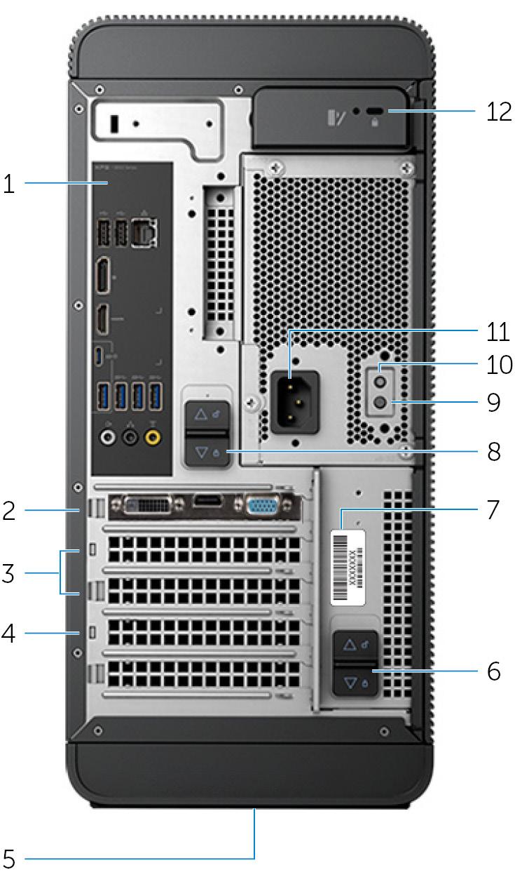 Πίσω πλευρά 1 Πίσω πλαίσιο Συνδέστε συσκευές USB, ήχου, βίντεο και άλλου τύπου. 2 PCI-Express x16 (υποδοχή κάρτας γραφικών 1) Συνδέστε κάρτα PCI-Express, π.χ. κάρτα γραφικών, ήχου ή δικτύου, για να βελτιώσετε τις δυνατότητες του υπολογιστή σας.