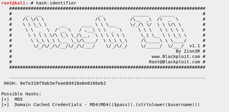 έχει γίνει hashing με MD5 εκτελούμε: findmyhash MD5 h 8efe310f9ab3efeae8d410a8e0166eb2 Με