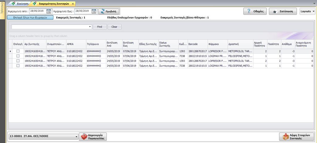 Περιγραφή των στοιχείων της οθόνης Ημερομηνία Διάστημα εκτέλεσης συνταγών Λειτουργίες ανάγνωσης οδηγιών, Εκτύπωσης των στοιχείων της οθόνης, επιλογής εμφάνισης Πληροφορίες που αφορούν τον αριθμό των