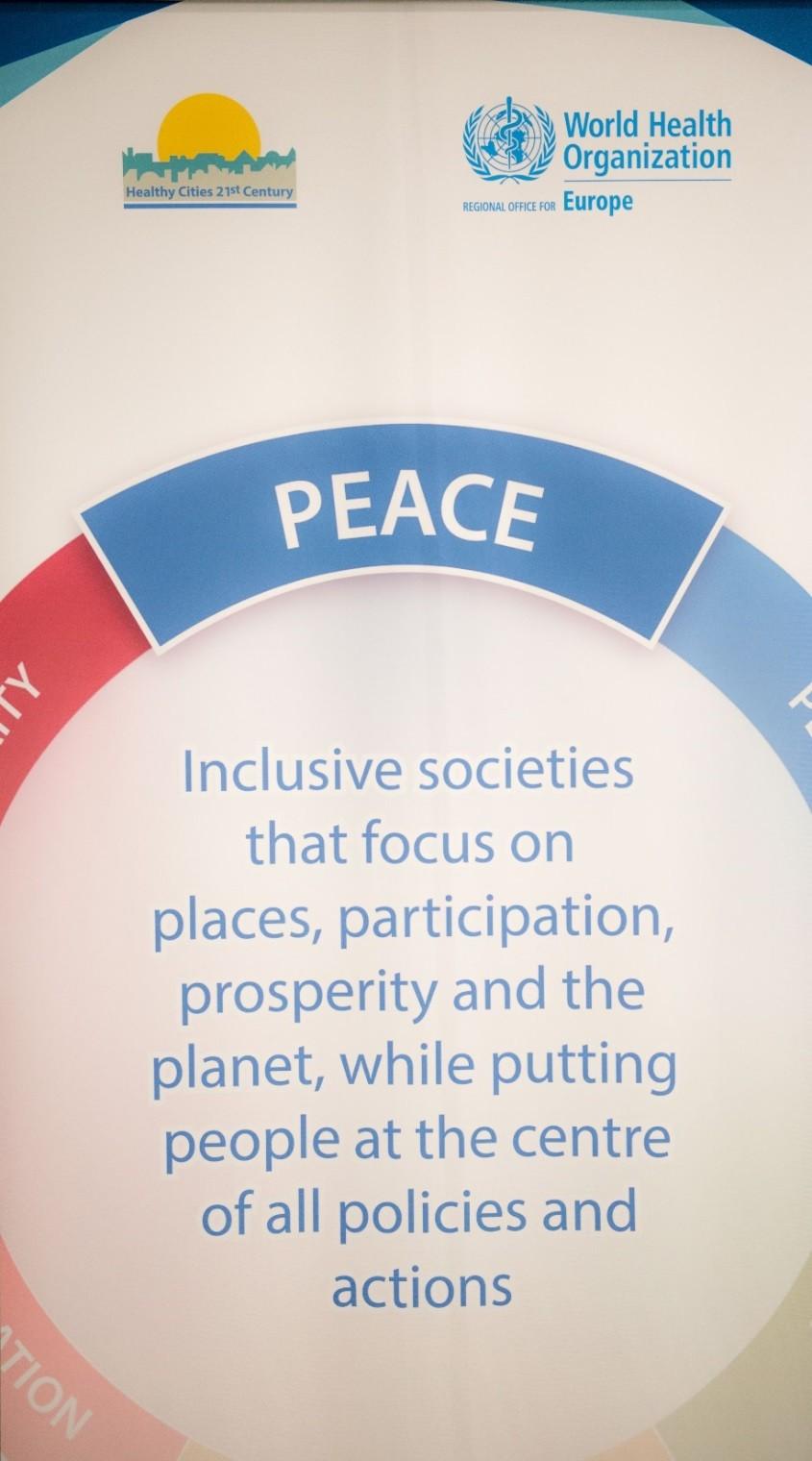 Ειρήνη Μια υγιής πόλη προάγει και διατηρεί την ειρήνη σε όλες τις δράσεις, τις πολιτικές και τα συστήματα της.