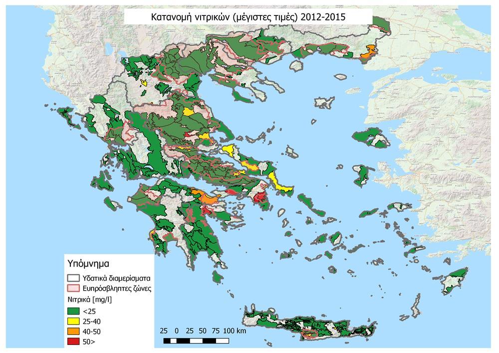 Εικόνα 1.3.4. Κατανομή μέσης υπερετήσιας συγκέντρωσης νιτρικών ιόντων ανά υπόγειο υδατικό σύστημα για την περίοδο αναφοράς 2012-2015.