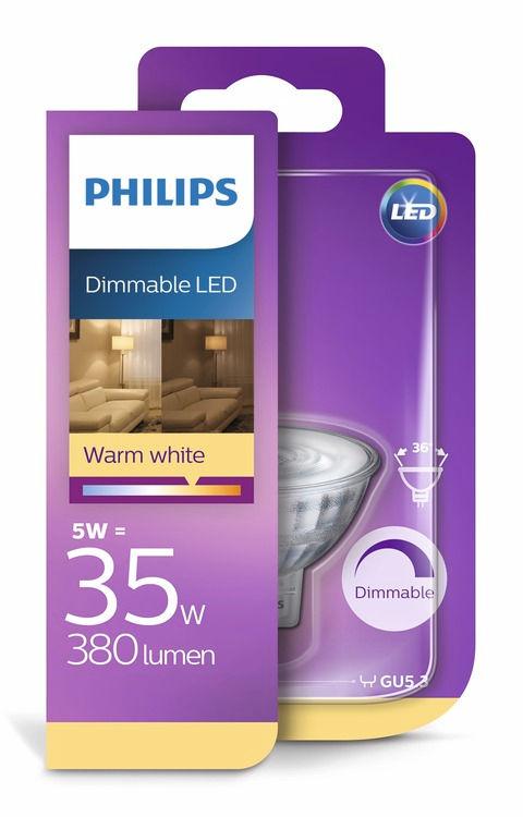 PHILIPS LED Σποτ (με ρύθμιση έντασης) 5 W (35 W) GU5,3 Ζεστό λευκό Με ρύθμιση έντασης Διαρκής φωτισμός ανάδειξης LED, με εστιασμένη δέσμη Τα LED σποτ της Philips προσφέρουν