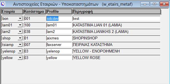 8. Αντιστοιχία Εταιριών-Υποκαταστημάτων (w_etairs_metaf) Εικόνα 23: Αντιστοιχία Εταιριών-Υποκαταστημάτων (w_etairs_metaf) Σε αυτό το πρόγραμμα δηλώνουμε σε ποια εταιρία