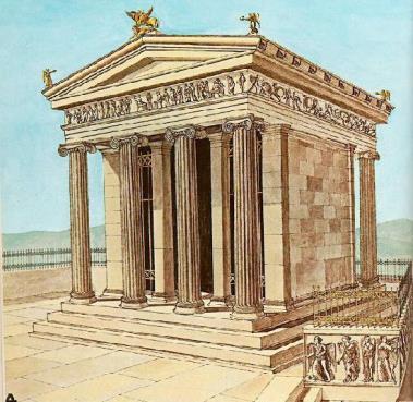 Orden dórico: Se caracteriza porque las columnas no tienen basa, el fuste es estriado y acaba en un capitel con forma de cojín.