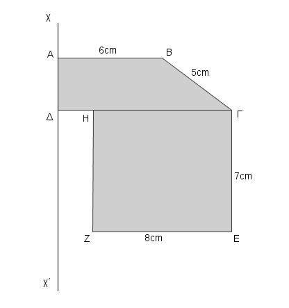 0 5. Στο διπλανό σχήμα το ΑΒΓΔ είναι ορθογώνιο τραπέζιο ( Αˆ Δ ˆ = 90 ) με ΑΒ=6cm, ΓΔ=10cm και ΒΓ=5cm. Το ΓΕΖΗ είναι ορθογώνιο παραλληλόγραμμο με ΓΕ=7cm και ΕΖ=8cm.