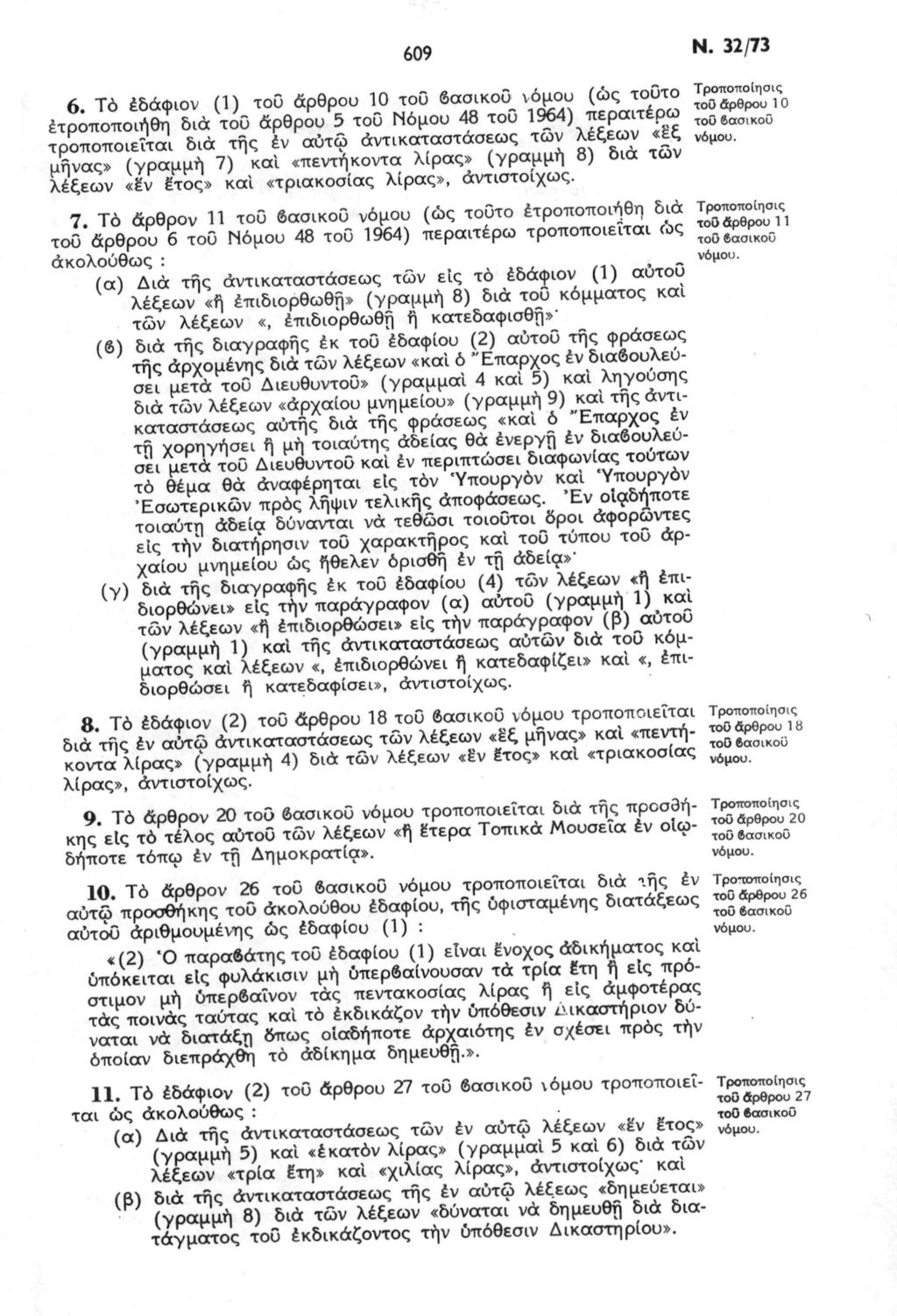 609 Ν. 32/73 6 Τό εδάφιον (1) τοΰ άρθρου 10 του δασικού νόμου (ώς τοΰτο έτρό^ήθί διολοΰ άρθρου 5 τοΰ Νόμου 48 τοΰ 19?4) Wjrfg?