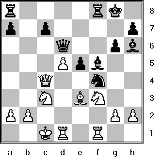 It is White to play: 1.b3 Qxb3 2.Nfd2 Qa2 3.Nc3 And Black resigned. He may have tried 3 Rxe5 4.Nxa2 Re7 5.Nc3 and White wins, or 3 Qb2, 4.Qxf7+ Kh7 5.Rxe8 Rxe8 6.Qxe8 1-0.