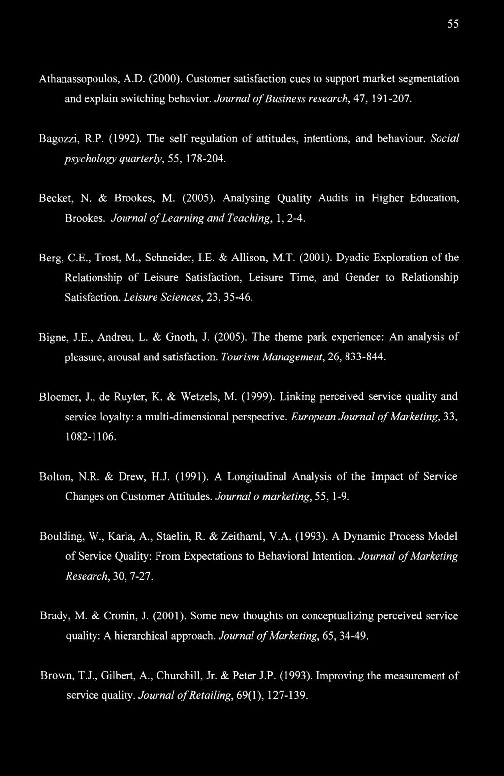 55 Athanassopoulos, A.D. (2000). Customer satisfaction cues to support market segmentation and explain switching behavior. Journal of Business research, 47, 191-207. Bagozzi, R.P. (1992).
