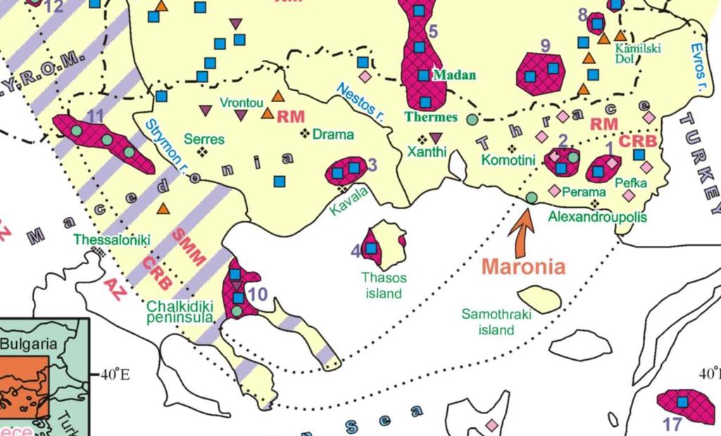 Μεταλλεύματα Μεικτών Θειούχων (PBG, Au, Ag )και Χαλκού Τα κοιτάσματα PBG,Cu, και Au-Ag της χώρας μας σήμερα, βρίσκονται στη Χαλκιδική (Ολυμπιάδα, Μαύρες Πέτρες, Μαντέμ Λάκκο, και Σκουριές), στο