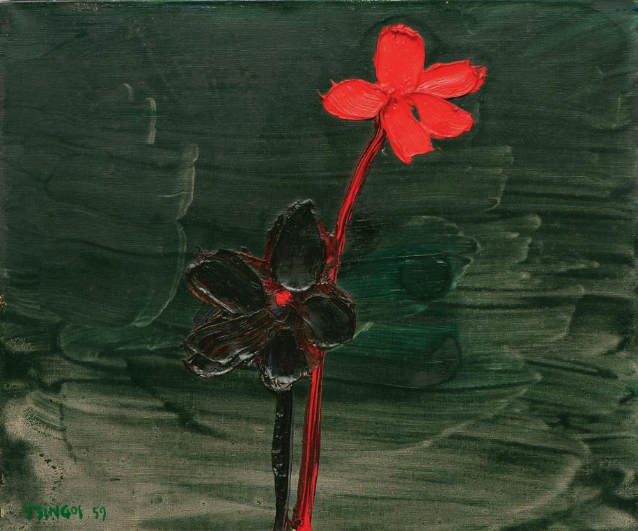 * 16 Θανάσης Τσίγκος (1914-1965) Fleur rouge et bleue sur fond vert foncé υπογεγραμμένο και χρονολογημένο