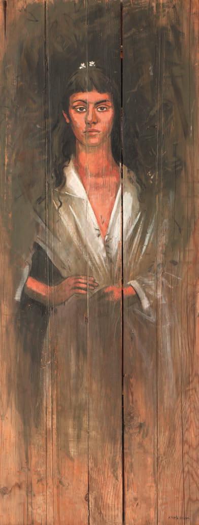 * 68 Κυριάκος Κατζουράκης (γ. 1944) Προσωπογραφία άγνωστης γυναίκας υπογεγραμμένο κάτω δεξιά: Κ. Κατζουράκης λάδι σε ξύλο, 126 x 50 cm. 2.000-3.