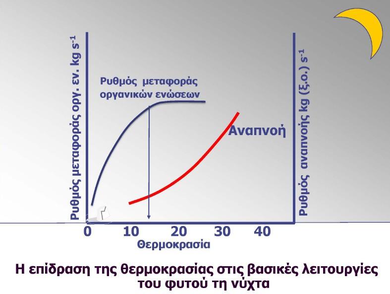 Φωτοσύνθεση: παραγωγή ενέργειας (μόνο την ημέρα) Αναπνοή: κατανάλωση ενέργειας (όλο το 24ωρο) Για να έχουμε θετικό αποτέλεσμα στην αύξηση και την παραγωγή των φυτών θα πρέπει η θερμοκρασία να δρα