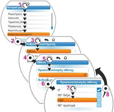 9 Ρυθμίσεις συστήματος Το μενού Ρυθμίσεις συστήματος παρέχει τη δυνατότητα ρύθμισης των εξής: οθόνης: Προσανατολισμός οθόνης: Προσαρμογή της ένδειξης στη θέση εγκατάστασης του μηχανισμού κίνησης.