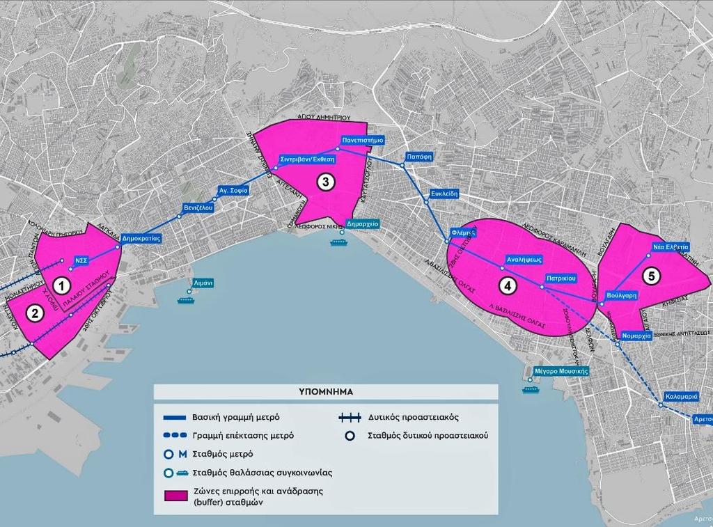 ΣΤΡΑΤΗΓΙΚΗ Β Ζώνες επιρροής και ανάδρασης (Buffer zones) Ζώνη 1 Νέος Σιδηροδρομικός Σταθμός (ΝΣΣ) Ζώνη μετεπιβιβάσεων και διαχείρισης στάθμευσης Ζώνη 2 Περιοχή Κωλέττη Ζώνη αναπλάσεων και διαχείρισης