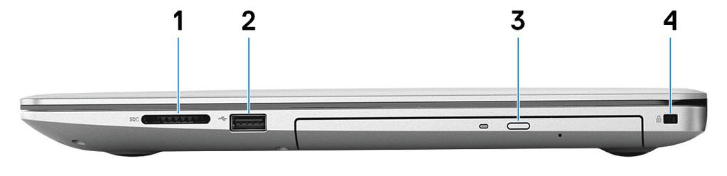 3 Όψεις του Inspiron 3580 Δεξιά πλευρά 1 Υποδοχή κάρτας SD Χρησιμεύει για την ανάγνωση και την εγγραφή στην κάρτα SD. 2 Θύρα USB 2.