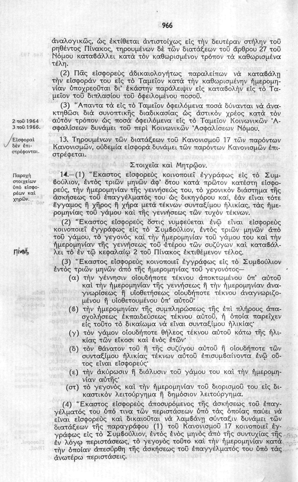 966 αναλογικώς, ώς εκτίθεται αντιστοίχως εις την δευτέραν στήλην του ρηθέντος Πίνακος, τηρουμένων δε των διατάξεων του άρθρου 27 τοΰ Νόμου καταβάλλει κατά τον καθωρισμένον τρόπον τά καθωρισμένα τέλη.