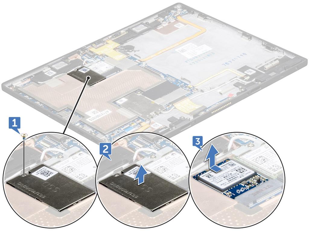 Μονάδα δίσκου στερεάς κατάστασης (Solid State Drive (SSD)) PCIe Αφαίρεση της μονάδας SSD 1 Ακολουθήστε τη διαδικασία που παρατίθεται στην ενότητα Πριν από την εκτέλεση εργασιών στο εσωτερικό του
