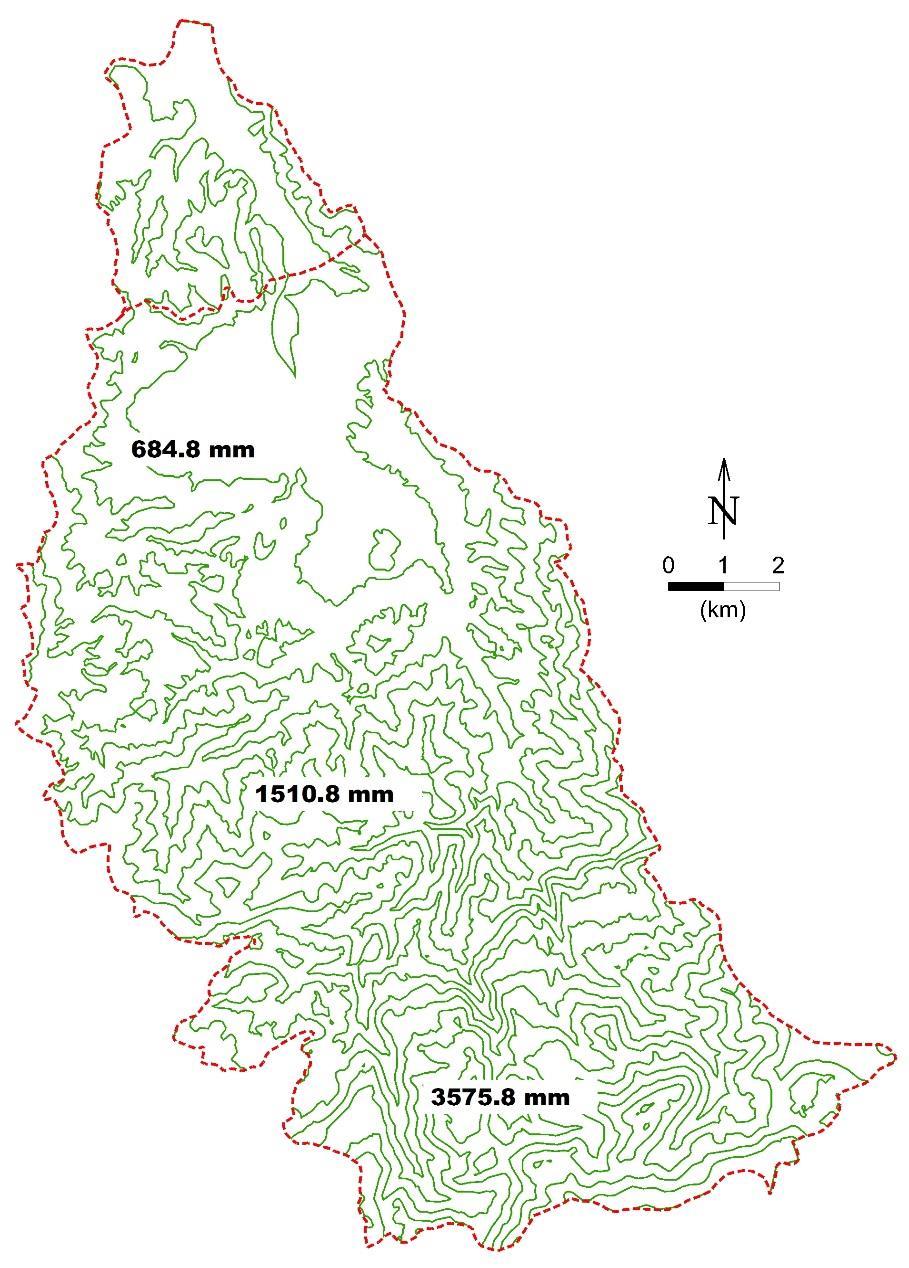 Σχήμα 3.9: Χάρτης ισοΰετων καμπυλών στην υδρολογική λεκάνη Κερίτη. Το εμβαδόν των τμημάτων μπορεί να υπολογιστεί μέσω τις σχετικής εντολής του λογισμικού AutoCAD.