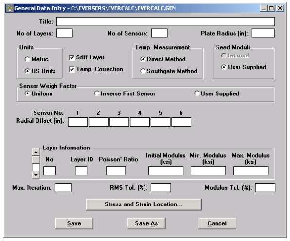 Εικόνα 5.2: Αρχείο GENERAL DATA (Everseries user s guide,2005). Στη συνέχεια για την εισαγωγή των υποχωρήσεων δημιουργείται ένα δεύτερο αρχείο.