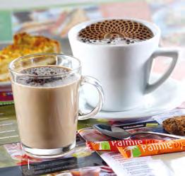 Hot drink made from chocol@dino, decaffeinated palmieccino (with flavor of mocha and cocoa) and fresh milk. Garnished with chocolate truffle.