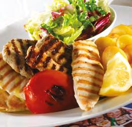 SYMPOSIO A combination of small marinated chicken fillets, small Greek burger (mixture of pork and beef minced meat with virgin olive oil), chicken köfteci, pork köfteci and tomato grilled.