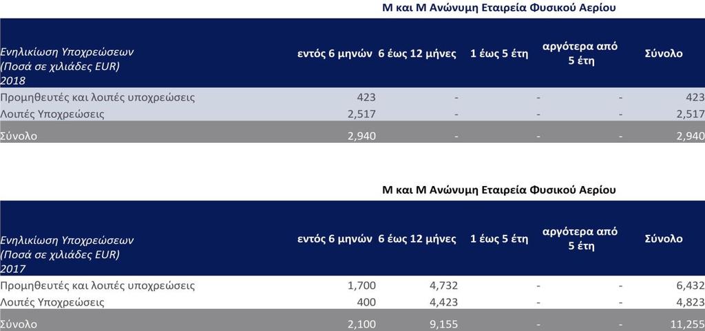 Κατά την 31 η Δεκεμβρίου 2018 και 31 η Δεκεμβρίου 2017 όλες οι απαιτήσεις και οι υποχρεώσεις της Εταιρείας παρουσιάζονται παρακάτω: 4.