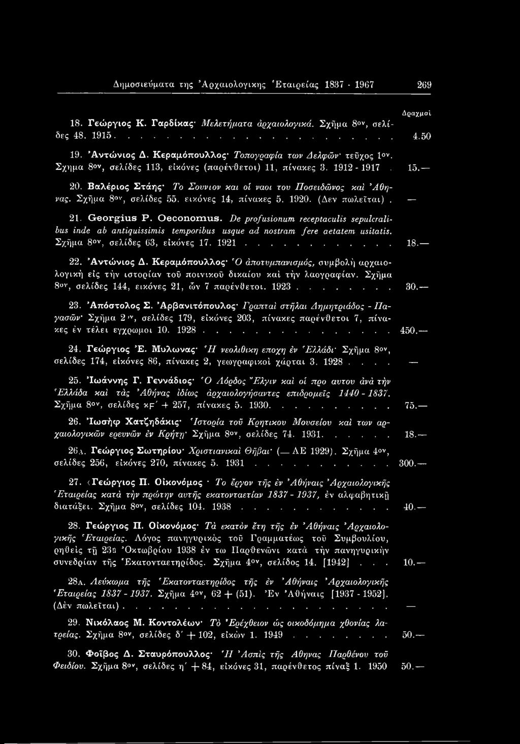 Σχήμα 80ν, σελίδες 55, εικόνες 14, πίνακες 5. 1920. (Δεν πωλείται). 21. Georgius Ρ. Oeconomus.
