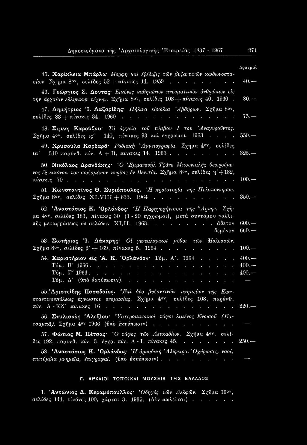Σχήμα 8ον, σελίδες 83 -j- πίνακες 34. 1960... 75. 48. Σεμνή Καρούζου- Τά άγγεϊα τοϋ τύμβον I τον Άναγυροϋντος. Σχήμα 4ον, σελίδες ις' 140, πίνακες 93 καί έγχρωμοι. 1963... 550. 49.