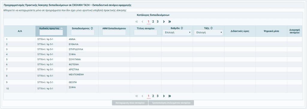 Εμφανίζονται όλοι οι εκπαιδευόμενοι του κάθε προγράμματος. Μπορεί να επιλέξει πρόγραμμα καταχωρώντας τον κωδικό του προγράμματος στην στήλη «Κωδικός Προγράμματος» π.χ. 5782-2.