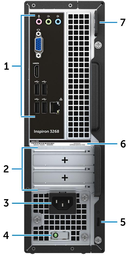 Πίσω πλευρά 1 Πίσω πλαίσιο Συνδέστε συσκευές USB, ήχου, βίντεο και άλλου τύπου. 2 Υποδοχές καρτών επέκτασης Παρέχουν πρόσβαση σε θύρες που βρίσκονται σε εγκατεστημένες κάρτες PCI Express.