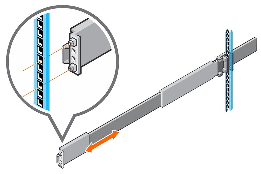 Αριθμός 6. Προσάρτηση της ράγας στο μπροστινό μέρος του rack 4 Στερεώστε τη ράγα τοποθετώντας μια βίδα M5 x 10 mm (106-002-452) στη μεγαλύτερη από τις δύο οπές στο μπροστινό μέρος της ράγας.