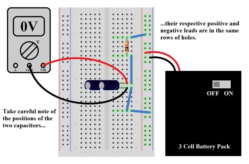Παροχή ηλεκτρικής τροφοδοσίας σε διακριτό στοιχείο σε breadboard Στην εικόνα 2 φαίνεται η συνδεσμολογία ενός κυκλώματος RC (αντίσταση και πυκνωτής) πάνω σε μια πλακέτα.